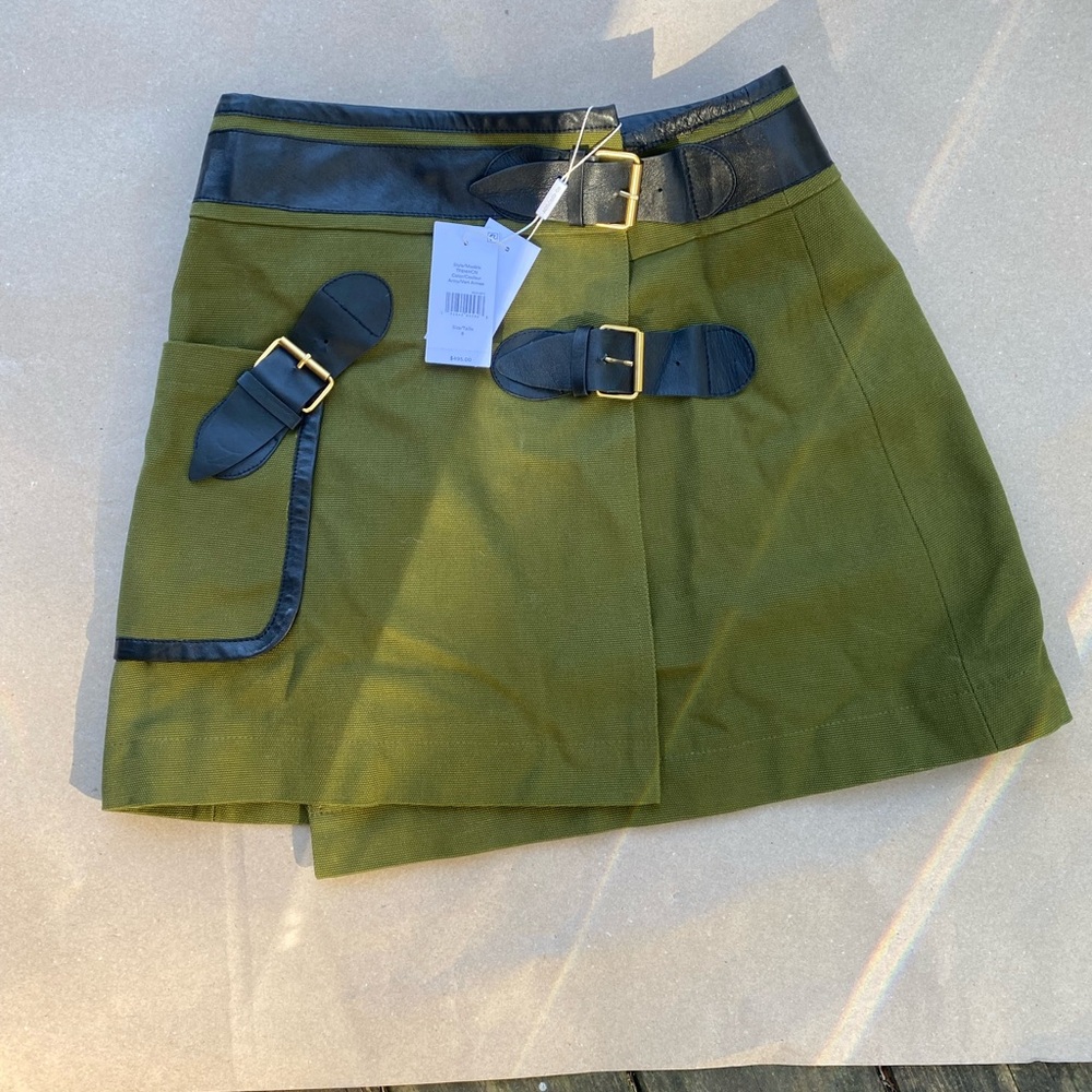 Derek Lam 10 Crosby military style leather and canvas olive buckle skirt